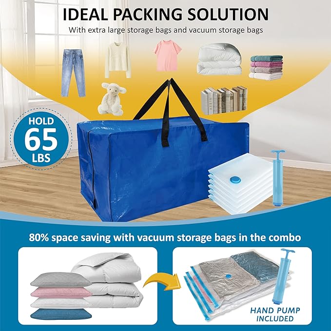 12 Pack Heavy Duty Extra Large Moving Bags with Backpack Straps & Large Vacuum Storage Bags Moving Supply Combo, Moving Totes with Handles & Zippers for Space Saving, Fold Flat, Includes Vacuum Bags