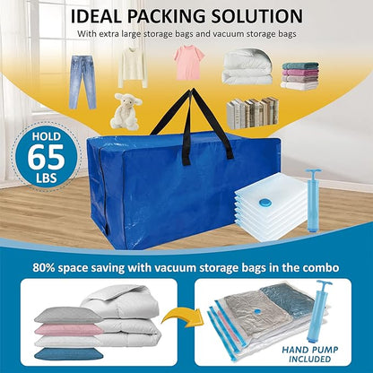 12 Pack Heavy Duty Extra Large Moving Bags with Backpack Straps & Large Vacuum Storage Bags Moving Supply Combo, Moving Totes with Handles & Zippers for Space Saving, Fold Flat, Includes Vacuum Bags