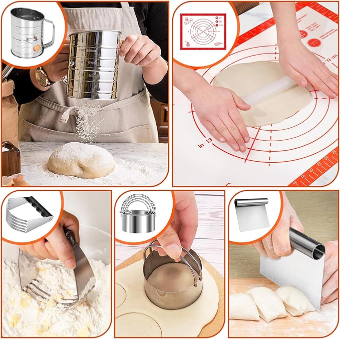 9PCS Stainless Steel Pastry Blender Set, 3 Cup Flour Sifter, Biscuit Cutter