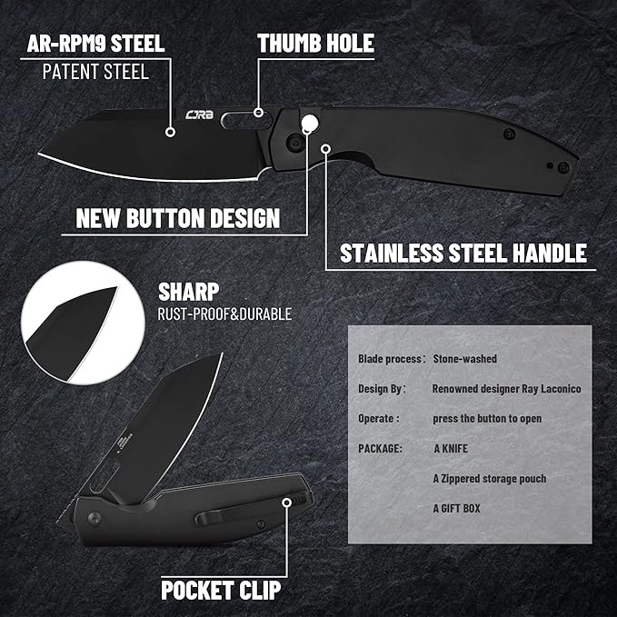 CJRB Pocket EDC Knife Ekko(J1929) Button Lock Small Folding Knife AR-RPM9 Steel Blade and Black PVD Stainless Steel Handle Outdoor for Men Women