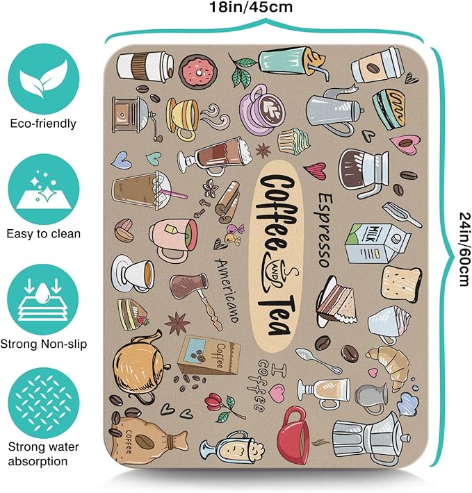 Fun Coffee Bar Mat 24inx18in, Absorbent Hide Stain Anti-Slip Accessories Fit