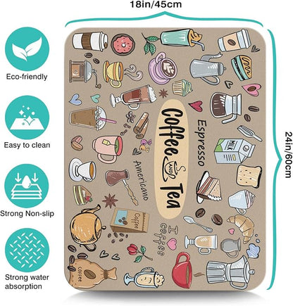Fun Coffee Bar Mat 24inx18in, Absorbent Hide Stain Anti-Slip Accessories Fit