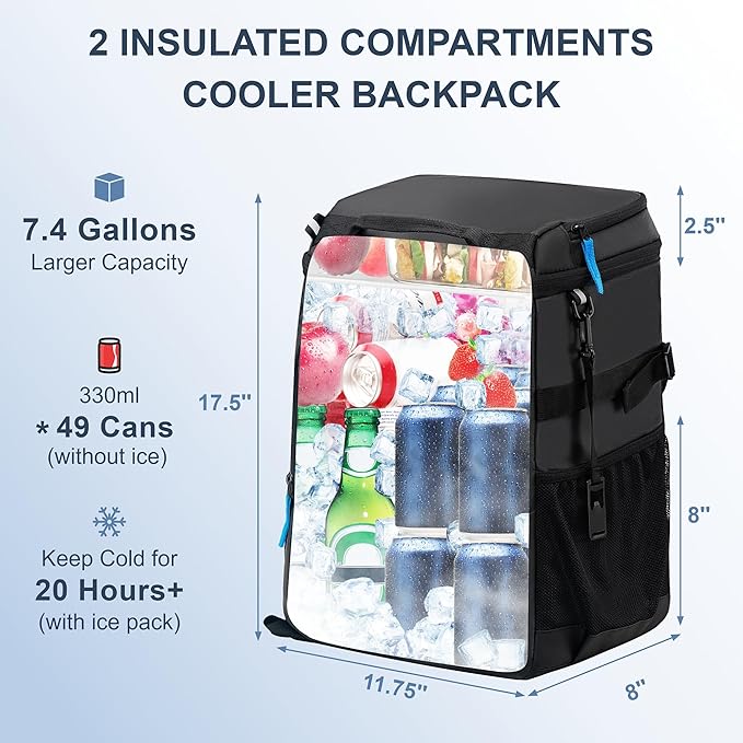 SPARTER Backpack Cooler Insulated Leak Proof 33/49 Cans, 2 Insulated Compartments Thermal Bag, Portable Lightweight Beach Travel Camping Lunch Backpack for Men and Women