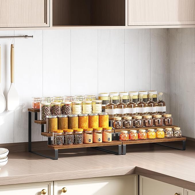 YATINEY Spice Rack, 4 Tier Wooden Display Riser Stand, Kitchen Storage Organizer