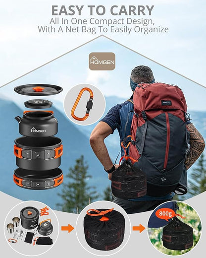 HOMGEN 12-Pieces Ultralight Anodized Aluminum Camping Cookware Set for 2 People - Nesting Pot/Pan with Foldable Handles 800ml Insulated Teapot & Stainless Cups for Camping Hiking