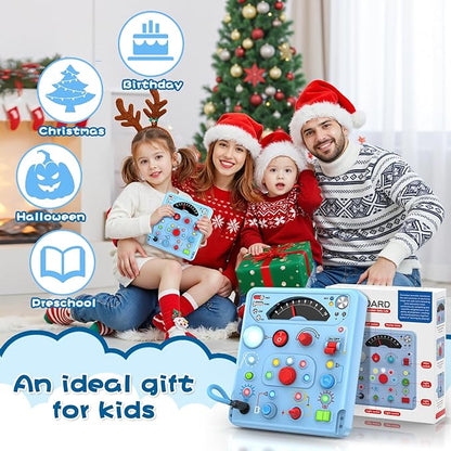 Busy Board Montessori Toys for Toddler 1 2 3 4 Year Old with 13 LED Lights, Sensory Toys Educational Learning for Toddlers 1-3, Activity Travel Toy Gifts for 1+ Year Old Boys and Girls