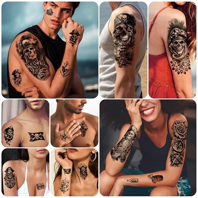 77 Sheets Temporary Tattoo, 17 Sheets Half Arm Pirate Captain Skull Compass Fake Tattoos for Women Men, 60 Sheets Pirate Anchor Sword Flag Realistic Tiny for Adult Kids Body Tattoos Stickers