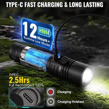 Rechargeable Tactical Flashlights, High Lumens Small Mini USB-C LED Flashlight, Compact EDC Flash Light, 4 Modes&Memory Function, Waterproof Pocket Lights for Home,Camping,Emergency (1, Black)