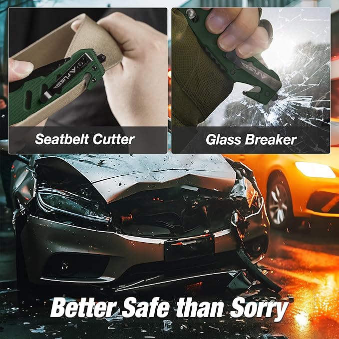 FLISSA Folding Pocket Knife with Clip, Glass Breaker and Seatbelt Cutter, Survival Knife for Emergency Rescue Situations, EDC Knife for Tactical, Hunting, Camping, Outdoor, Unique Gifts for Dad, Father-Green
