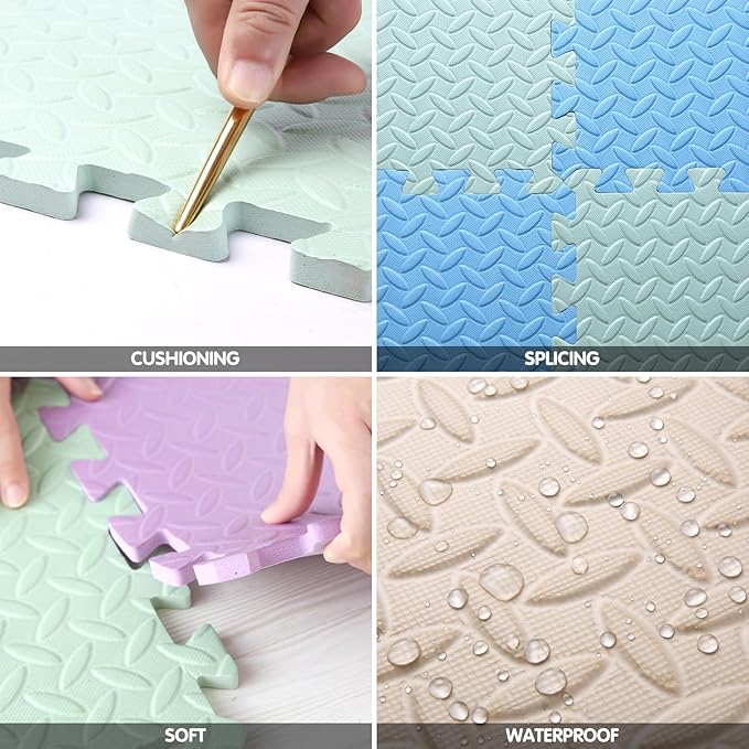 16 Tiles Foam Play Mat for Baby, Soft & Safe EVA Foam Mats for Floor, Square Baby Play Mat, Kids Foam Puzzle Floor Mat, 47x47 Play Mat for Playpen(Bean Green/Light Blue)