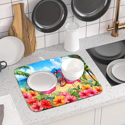 Summer Flamingos Dish Drying Mat 16x18 inch Tropical Beach Microfiber Washable