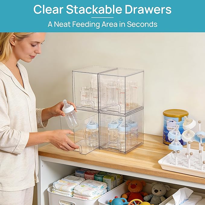 Vtopmart 7.6" H Clear Stackable Storage Drawers, 4 Pack Plastic Organizers Bins