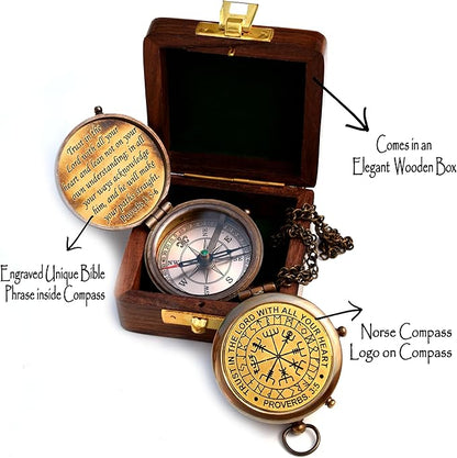 Trust in The Lord With All Your Heart - Proverbs 3:5-6 Quote Engraved Compass With Wooden Box, Greeting Card, Gift Compass, Graduation Day Gifts 2024 for Women Men Boys Girls