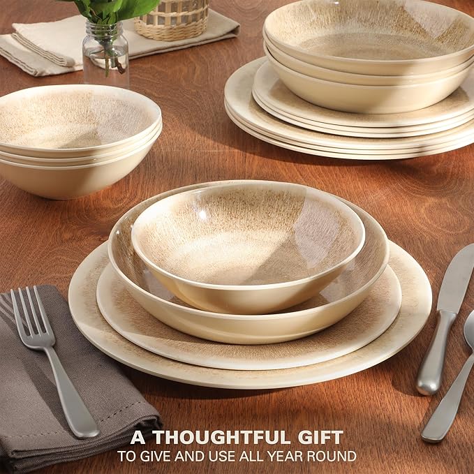 Gibson Home Casper Court 16-Piece Melamine Dinnerware Set – Beige Reactive Glaze Look Plates and Bowls, Service for 4 – Top Rack Dishwasher Safe Everyday Dining Set