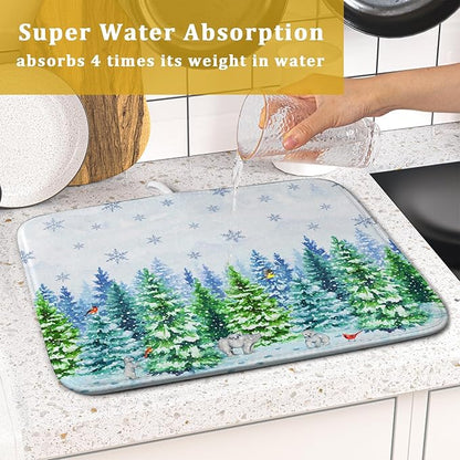 Watercolor Winter Dish Drying Pad Forest Kitchen Mat