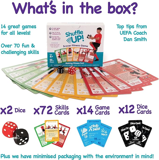 Shuffle Up Soccer Card Games - 70+ Fun & Active Skills Cards for Kids, Fitness Cards Develop Fundamentals, Stamina & Strength, Easy to Play for Kids | Multiple Skills Level Card Include 2 Dices