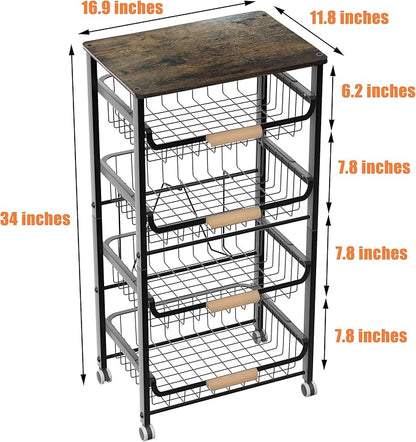5-Layer Fruit Basket Kitchen Food Organizer and Rack, Stackable Storage Cart with Desktop, Pull-Out Hollow Metal Basket, Wheeled Sorting Rack Spice Rack, Black