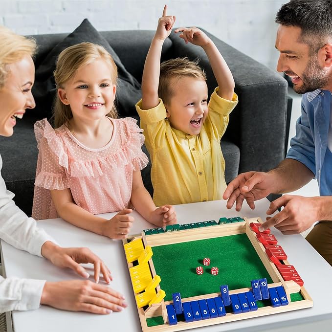 Upgraded 16.54'' Shut The Box Dice Game 4 Player-Colorful Wooden Close The Box Game with 15 Numbers + 16 Dices- Tabletop Math Board Game Kids & Adults