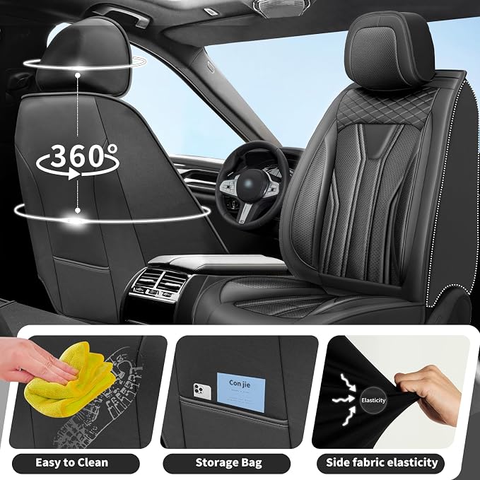 Fit Gladiator Car Seat Covers for Jeep Gladiator 2020-2025 2026 -Full Set Premium Leather, Waterproof & Breathable，All-Weather Seat Cushion Protecto & Airbag Compatible, 5 Seats All Black