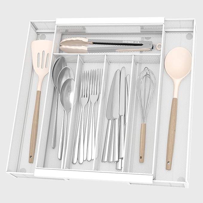 Silverware Organizer Metal Mesh, Drawer Organizer, Utensil Cutlery Tray for kitchen drawers,Expandable Flatware Organizer with 7 Compartment White 9.4"~17.3" x 13.7"
