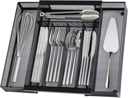 Silverware Organizer Metal Mesh, Drawer Organizer, Utensil Cutlery Tray for kitchen drawers,Expandable Flatware Organizer with 7 Compartment Black 9.4"~17.3" x 13.7"