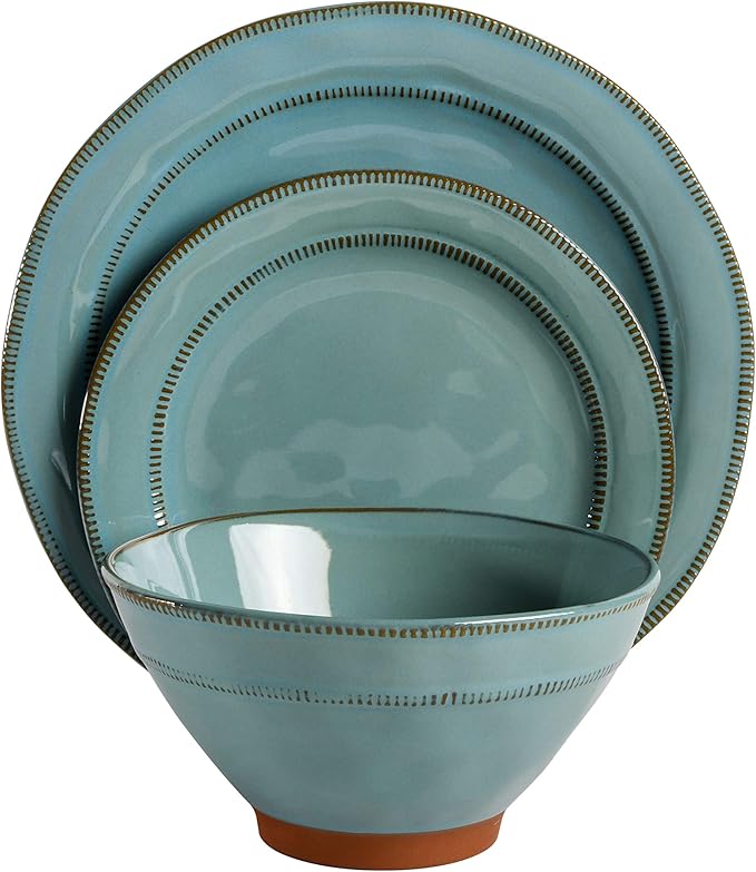 Gibson Elite Terranea Round Reactive Glaze Terra Cotta Dinnerware Set, Service for Four (12pcs), Teal