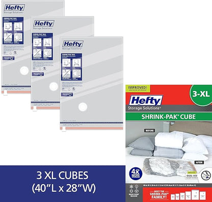 Hefty Shrink-Pak Vacuum Storage Bags - Space Saver for Under Bed Storage, Clothing and Comforters, Odor Resistant, 3X More Storage Space - 3 XL Cubes Bags
