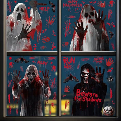 Halloween Ghost Window Clings Horror Bloody Handprints Spooky Ghost Slap The Window Double Sided Large Spooky Designs Halloween Bat Pumpkin Windows Clings for School Home Office Party Supplies Decor