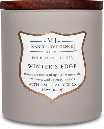 Manly Indulgence Winters Edge Scented Candles for Men, 15 oz Wooden Wick, Premium Soy Blend Wax, 60H Burn, Candles for Home Scented - Made in The USA