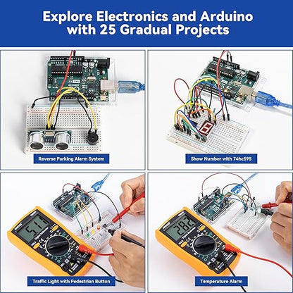 SunFounder Beginner's Lab Starter Kit with Original Arduino Uno R3 REV3 Board Multimeter Basic to Advance 25 Projects HCSR-04 Sensor Button Temp LED Microcontroller Programming