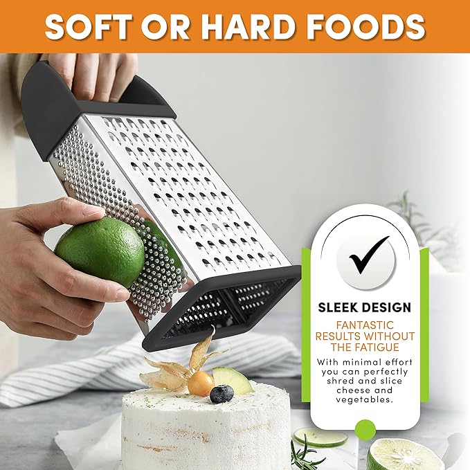 Spring Chef Professional Gray 10" Stainless Steel Parmesan Cheese Grater with Handle, 4 Sided Handheld Box Grater, Kitchen Carrot Shredder for Potato, Cheese, Ginger, Vegetables, Hashbrown