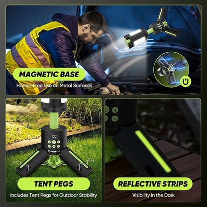 Portable Camping Lights with Stand, 5000LM Rechargeable LED Flashlight, 9 Color Modes, Collapsible Camping Lantern Tent Light with Magnetic Base for Power Outages, Camping & Emergency(Green)