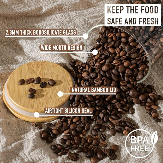 32oz Straight Cylindrical Airtight Storage Containers with Bamboo Lids Set of 6, Round Stackable Canisters, Food Jars, Pantry Organizers for Sugar, Cookies and Coffee beans (with Black Lable)