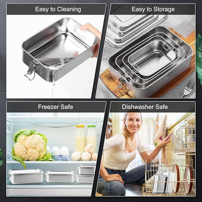 Umigy 8 Pcs Stainless Steel Food Containers 550/850/1400/2400 ml Metal Bento Lunch Box Stainless Steel Food Storage Containers, Lockable Clips to Leak Proof, Reusable Dishwasher Snack Boxes for Work