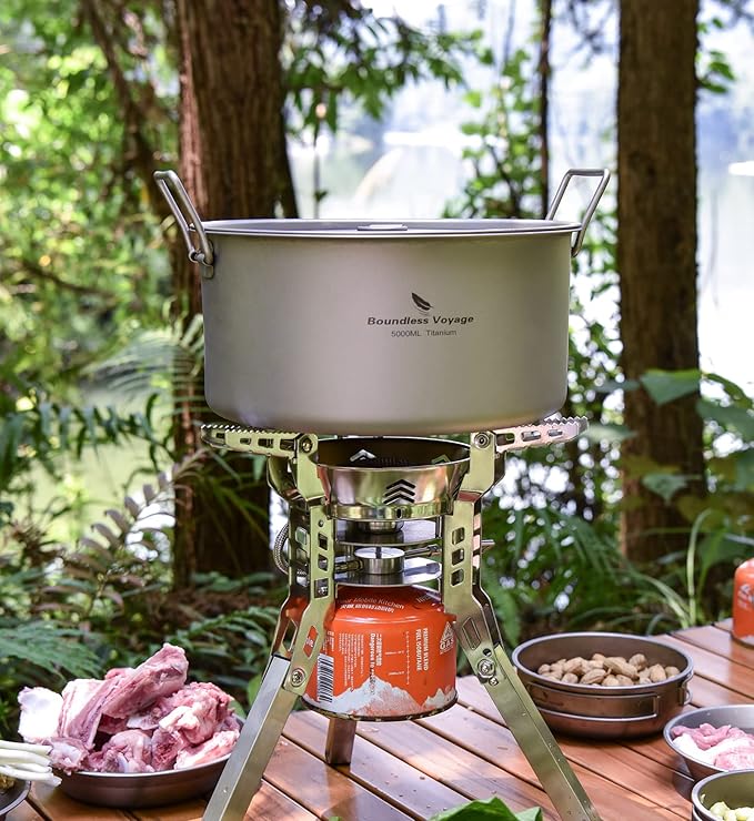 Boundless Voyage Outdoor Camping Titanium Pot 5.0L Stockpot with Lid Folding Handle Hiking Picnic Portable Big Capacity Soup Pot Home Kitchen