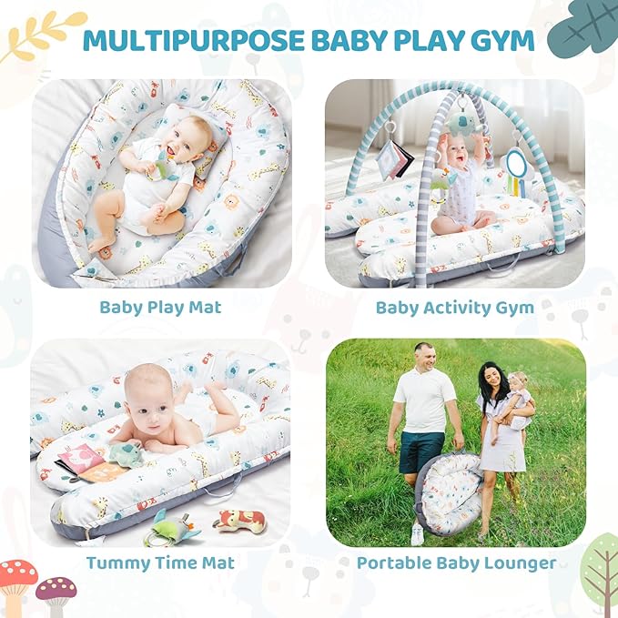 Baby Play Mat, 7-in-1 Tummy Time Activity Gym Mat, Washable Baby Lounger Nest, Portable Floor Seat for Home & Travel, Baby Essentials Gift for Infant Newborn 0-6-12-18 Months
