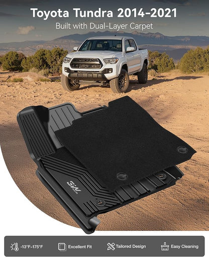 3W Floor Mats & Carpet Fit Toyota Tundra 2014-2021 (Only for CrewMax Cab) TPE All Weather Custom Fit Floor Liner for Toyota Tundra 1st and 2nd Row Full Set Car Mats, Black