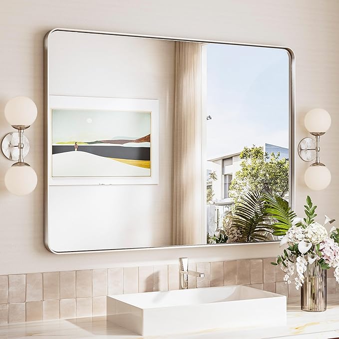 TokeShimi Brushed Nickel Bathroom Mirror, 40x30 Large Bathroom Mirror Rectangle