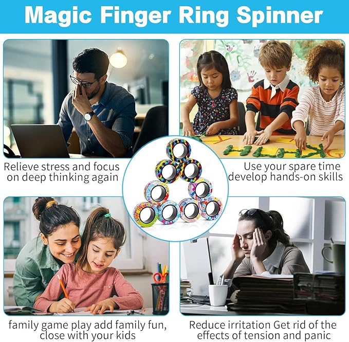 12Pcs Magnetic Rings Fidget Toys Spinner Set Halloween Party Favors,Finger Magnet Rings Endless Hours of Fun ADHD Stress Relief Fidget Spinner for Relieve Anxiety Birthday for Adults Teens Kids
