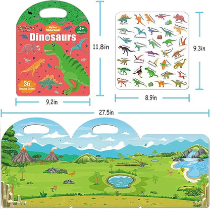 Reusable Sticker Book for Toddlers, Sticker Books for Toddlers 3+ Years, Airplane Travel Essential for Kids, Stickers for Kids (Dinosaurs)