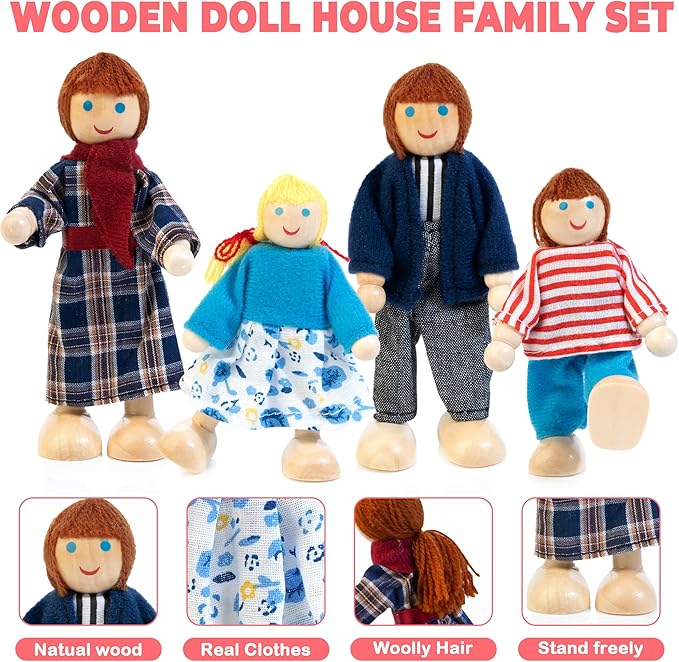 Kizfarm Wooden Dollhouse Furniture Set with 4 Family Dolls, 26 Pcs Pretend Play Dollhouse Accessories for 4 Rooms, Pink Furniture Toys Birthday Gifts for Girls Boys Age 3+