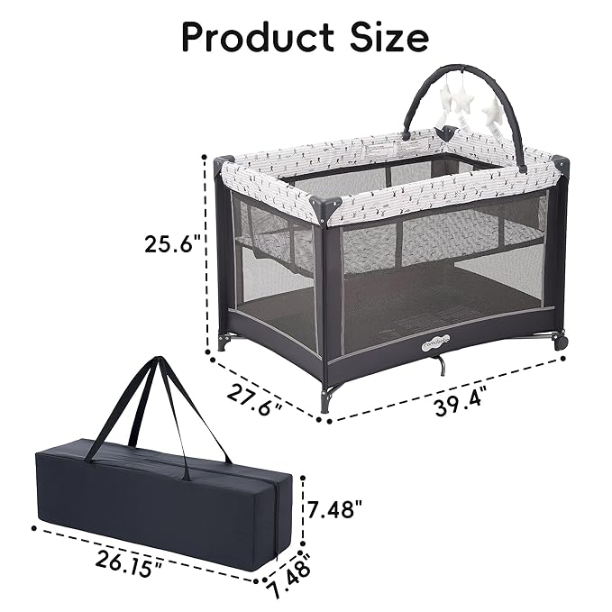 Pamo Babe Portable Playard,Sturdy Play Yard with Padded Mat and Toy bar with Soft Toys