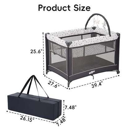 Pamo Babe Portable Playard,Sturdy Play Yard with Padded Mat and Toy bar with Soft Toys