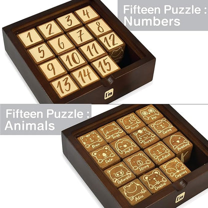 Super SIX : Wooden Multi Board Game: Tic Tac Toe + Shut The Block + 15 Number Sliding Puzzles for Kids and Family
