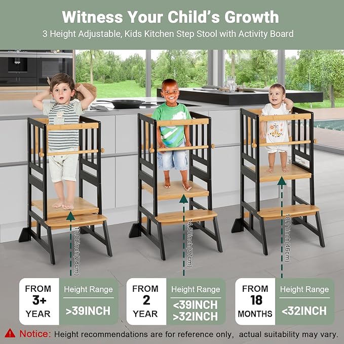 COSYLAND Toddler Standing Tower - Adjustable Height Toddler Kitchen Stool Helper - Kids Kitchen Step Stool for Learning with Removable Safety Railing Black&Natural