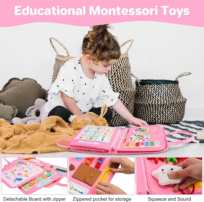 Toddler Busy Board Montessori Toys, Sensory Toys for 1 2 3 4 Year Old Girl, Busy Book Travel Educational Activities for Learning Fine Motor Skills Birthday Gifts (Pink Unicorn/P10)