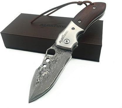 ALBATROSS Premium Damascus Steel Folding Pocket Knife with Liner Lock - EDC Knife with Sandalwood Handle - Perfect for Outdoor, Hunting, Survival & Gift Collection - HGDK007