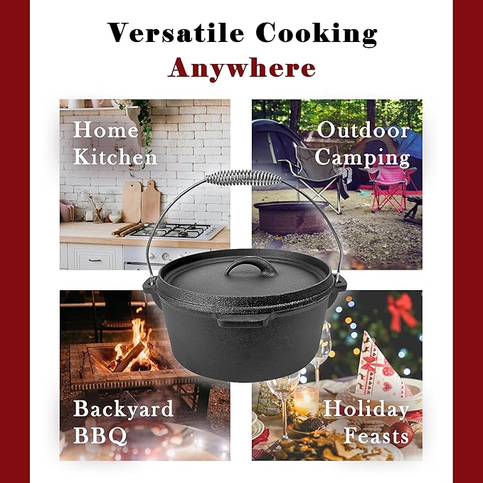 Cuisiland 4.5QT Cast Iron Dutch Oven with Lip Lid & Bail Handle – Pre-Seasoned Camping Pot for Outdoor Cooking, Roasting, and Baking – Heavy-Duty Campfire Cookware with Even Heat Distribution