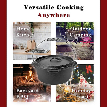 Cuisiland 4.5QT Cast Iron Dutch Oven with Lip Lid & Bail Handle – Pre-Seasoned Camping Pot for Outdoor Cooking, Roasting, and Baking – Heavy-Duty Campfire Cookware with Even Heat Distribution