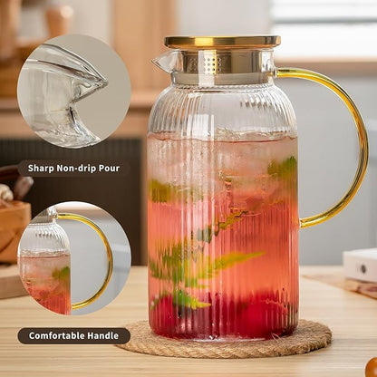 Buaic Glass Pitcher with Lid, 68 oz/2 Liter Classic Vertical Stripes Water